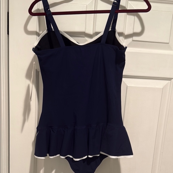 Navy Blue One-Piece Swimsuit with White Trim - Picture 4 of 4